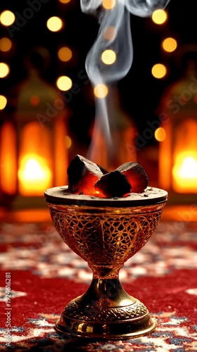 Golden Incense Burner With Burning Coals Emitting Smoke Amidst Ramadan Lanterns