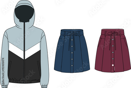 Women Casual Fashion Set with Color Block Hooded Jacket and Button Front A Line Skirts, Trendy Autumn Winter Apparel Vector Illustration