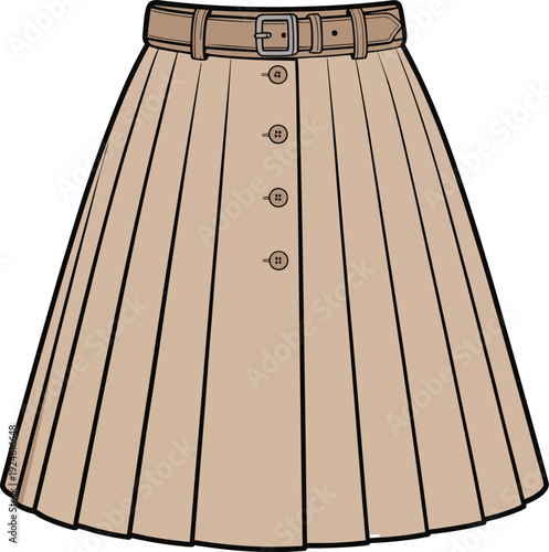 Women’s Pleated Midi Skirt with Belt and Front Buttons Vector Illustration, Elegant Beige Fashion Apparel Isolated on White Background for Clothing Design Mockup