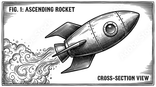 Vintage Engraved Rocket Launch Illustration - Ascending Spacecraft with Retro Woodcut Style Exhaust