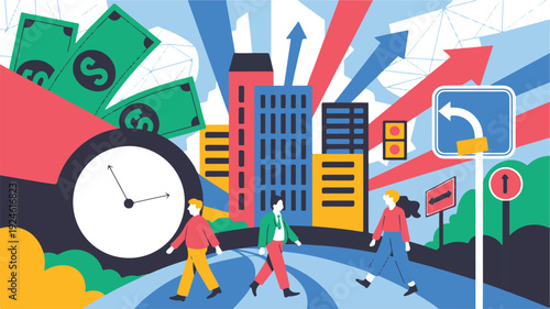 Navigating the Urban Landscape A stylized 2D illustration depicting a cityscape with elements of finance, time, and forward momentum
