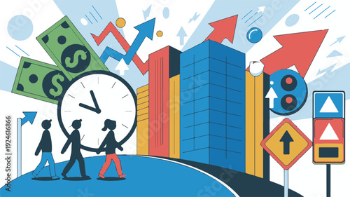 Urban Business Growth and Financial Prosperity Illustration with People, City, Money, Time, and Upward Trends for Strategic Progress