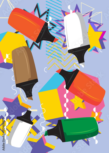 Felt Tip Pen geometrical graphic retro theme background. Minimal geometric elements. Vintage abstract shapes vector illustration.