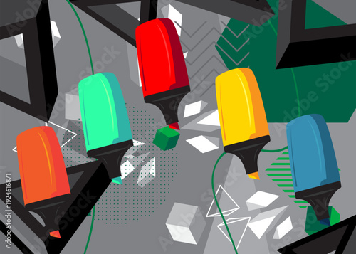 Felt Tip Pen geometrical graphic retro theme background. Minimal geometric elements. Vintage abstract shapes vector illustration.