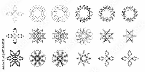 Collection of evolving geometric floral patterns in grayscale tones