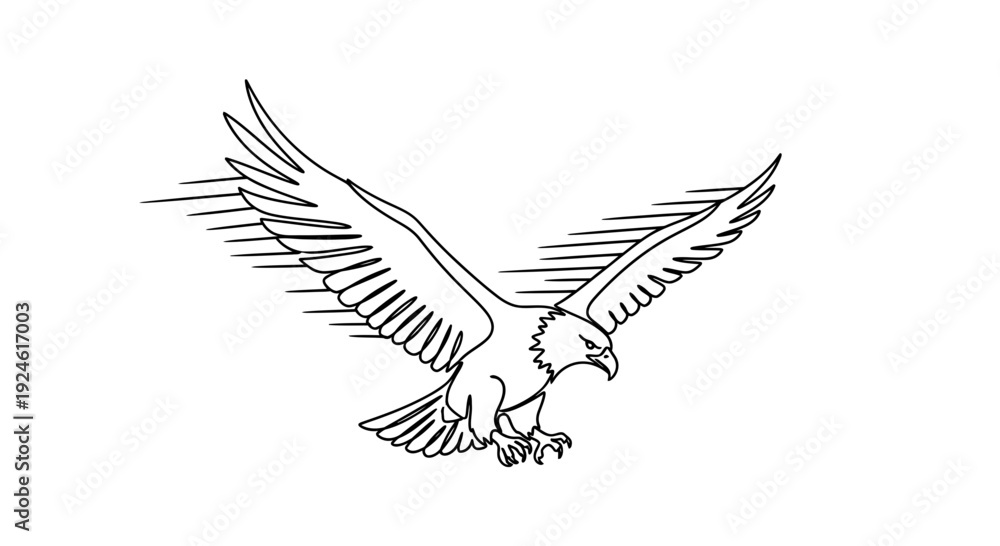 Fototapeta premium Eagle in Flight, Majestic Bird of Prey with Wings Spread Wide, Dynamic Line Art Illustration