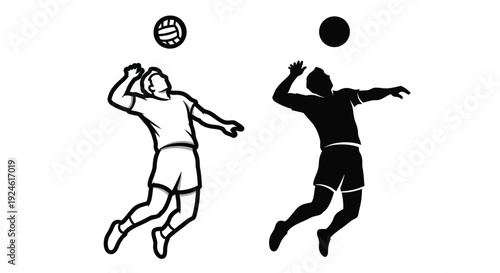 Two volleyball players jumping to hit a ball in contrasting black and white silhouettes on a plain white background.
