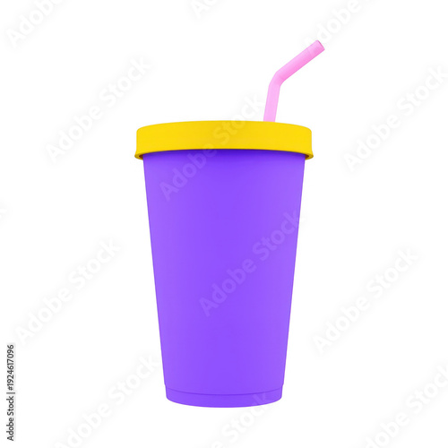 Purple plastic cup with yellow lid and pink straw isolated on a transparent background