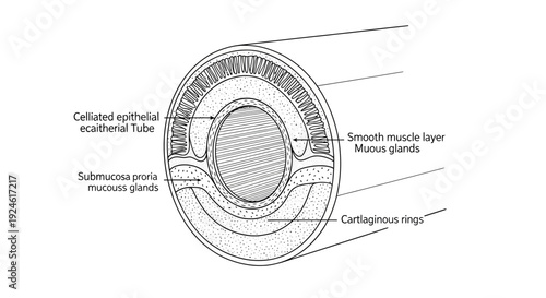 Cross-section of trachea showing ciliated epithelium, submucosa, and cartilaginous rings
