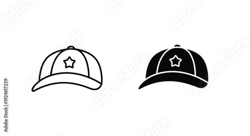 Two black and white baseball caps with star emblems on a plain white background in a flat lay composition.