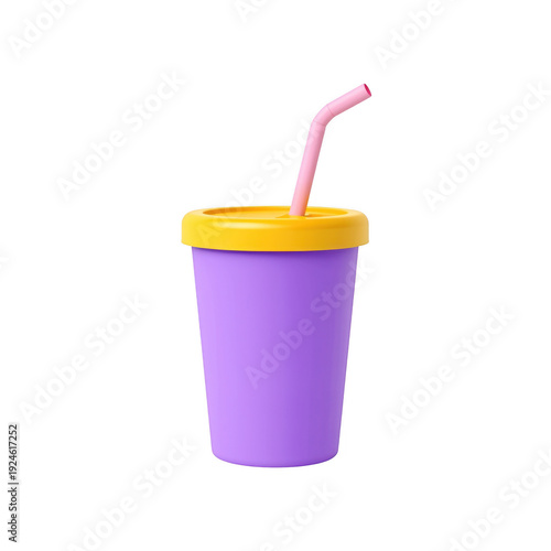 Purple plastic cup with yellow lid and pink straw isolated on a transparent background 1