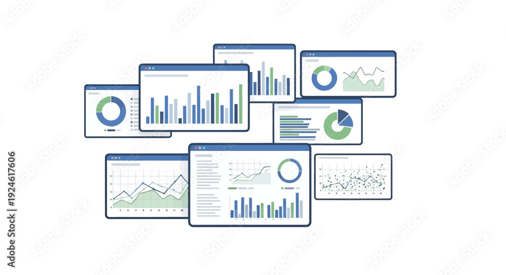 Obraz premium Collection of digital displays showcasing various business analytics and data visualization charts from different viewpoints