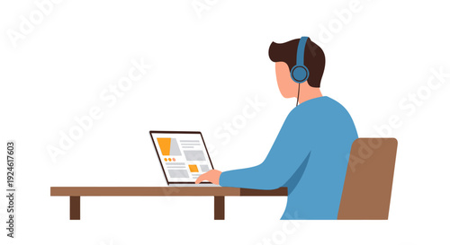 A person working on a computer with a graphic design software interface open on the screen, sitting at a desk with a headset on.