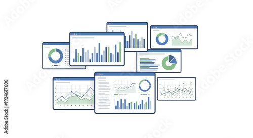 Collection of digital displays showcasing various business analytics and data visualization charts from different viewpoints