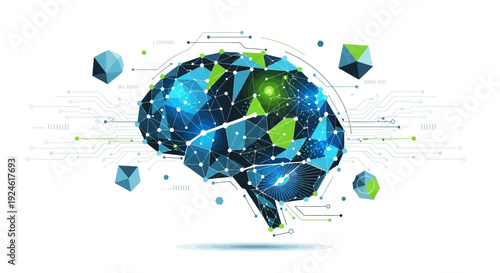 Global Intelligence Network Illustration Featuring Brain with Geometric Shapes and Data Visualization Elements in a Futuristic Concept Art