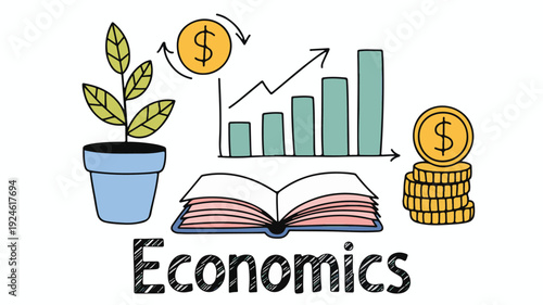 A Hand-Drawn Illustration Depicting the Core Concepts of Economics, Including Growth, Investment, and Knowledge