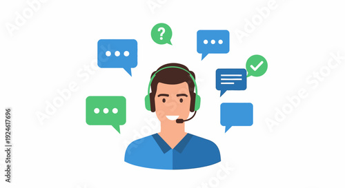 Customer service representative with headset surrounded by communication icons and speech bubbles in a digital illustration