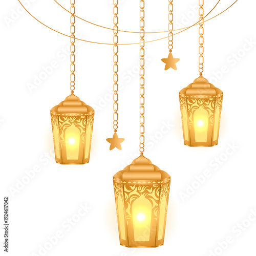An antique golden Christmas lantern sits isolated as a vintage holiday decoration adorned with metal ornaments, jewelry chains, and fashion pendants