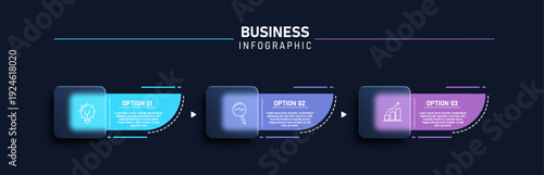 Modern business infographic template with 3 step option workflow, glowing gradient glass panels on dark background for strategy, analysis and growth presentation