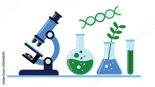 A vibrant flat design illustration depicting various scientific tools and elements, including a microscope, DNA, and laboratory glassware with liquids, symbolizing research and biological discovery