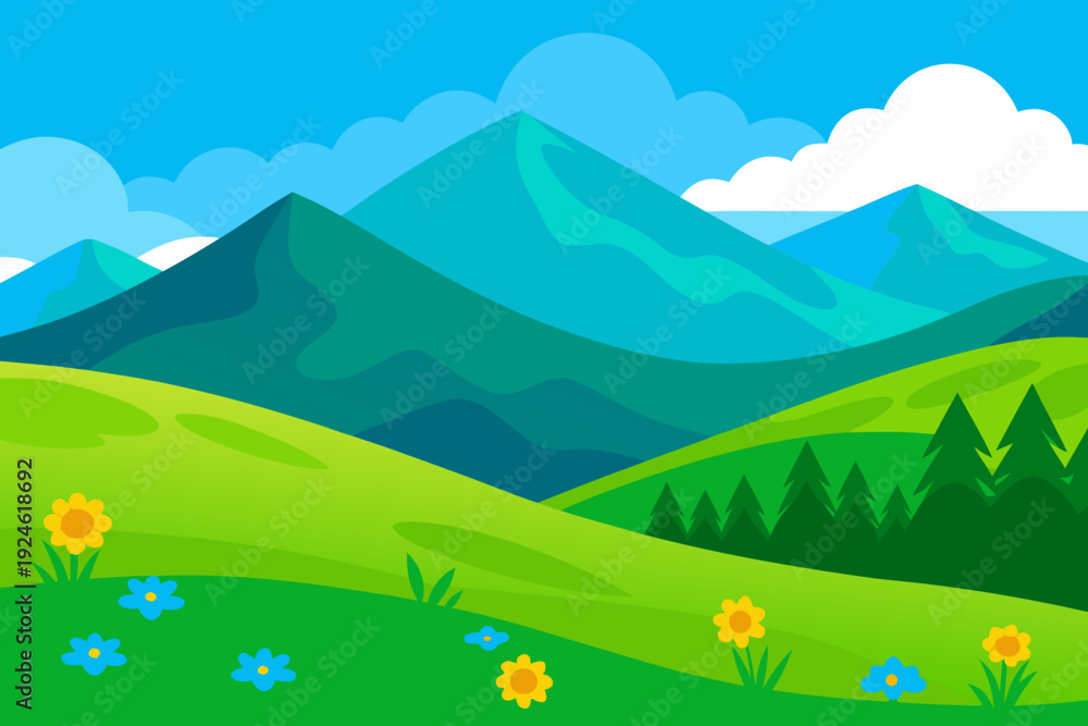 Fototapeta premium Summer Mountain Landscape with Green Hills and Wildflowers
