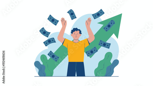Dynamic flat illustration of a person experiencing a surge in income, with money raining down and a prominent upward arrow indicating significant financial growth and profit