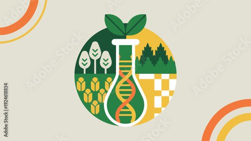 Dynamic flat design illustration symbolizing the convergence of biotechnology, sustainable agriculture, and genetic science for environmental progress