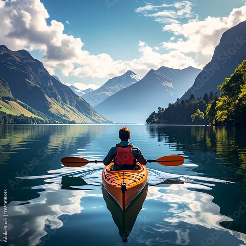 Kayaking Adventure on a Serene Lake Surrounded by Majestic Mountains and Cloudy Skies.