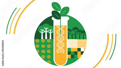 Dynamic flat design illustration symbolizing biotechnology and sustainable agriculture, showcasing genetic research for environmental innovation, crop enhancement, and future food security