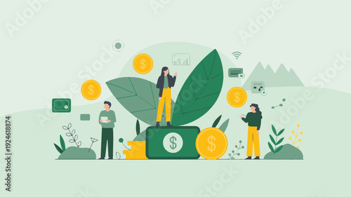 Financial success concept with business people and money symbols in flat design
