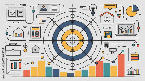 Modern flat line art illustration depicting strategic business planning, financial growth, and data-driven goal achievement within a connected digital ecosystem