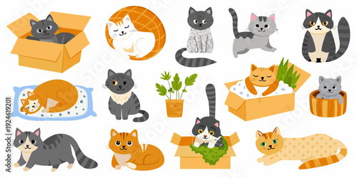 Colorful cartoon illustration featuring various cats and their playful environments