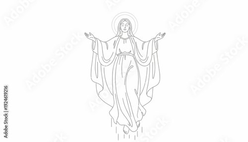 Ascension of Virgin Mary, Religious Line Art Illustration, Heavenly Divine Figure