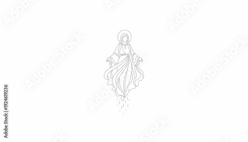 Ascension of Virgin Mary, Religious Line Art, Divine Figure with Halo and Flowing Robes