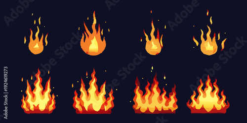 Cartoon fire spritesheet with multiple flame animations and variations