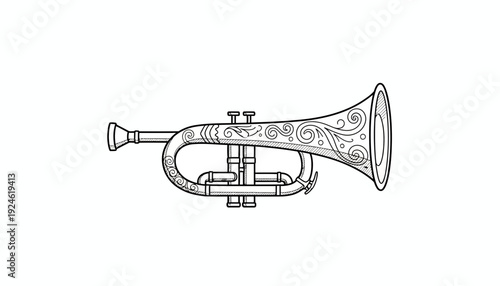 Vintage Trumpet Illustration - Ornate Brass Musical Instrument Line Art