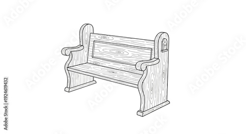 Vintage Wooden Church Pew Bench with Carved Details - Black and White Sketch