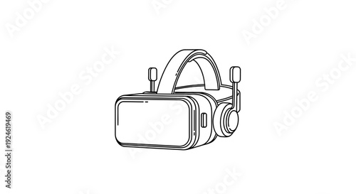 Virtual Reality Headset with Integrated Headphones, Futuristic Technology, Line Art Drawing