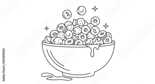 Whimsical Cereal Bowl with Floating O's and Sparkles - Line Art