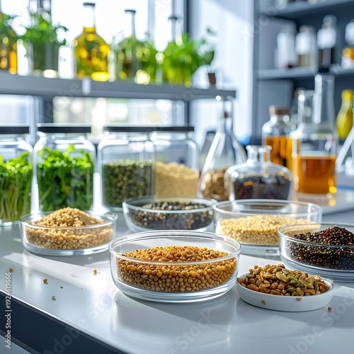 Laboratory Analysis of Various Seeds and Plants in Glass Bowls for Research.