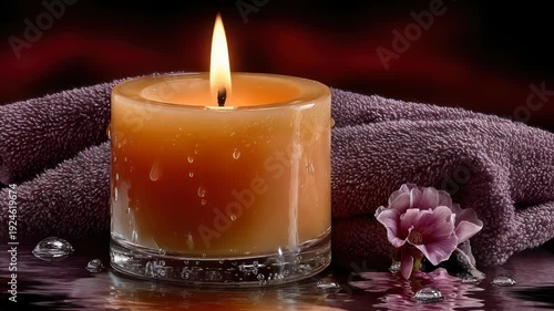Wallpaper Mural Lit candle with melted wax, flower, and towel, reflecting in water droplets Torontodigital.ca