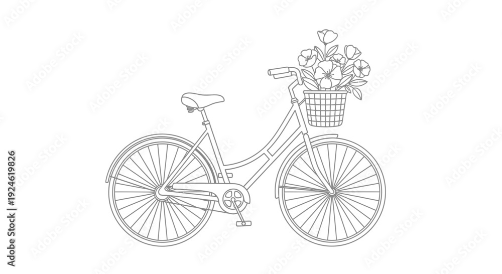 Obraz premium Vintage Bicycle with Flower Basket - Line Art Illustration