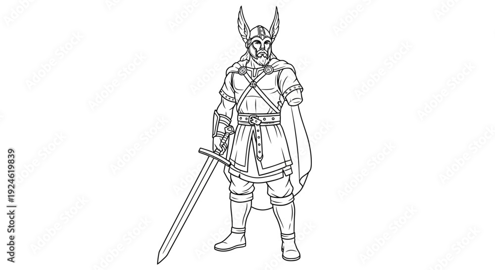Fototapeta premium Viking Warrior with Sword and Helmet, Line Art Illustration