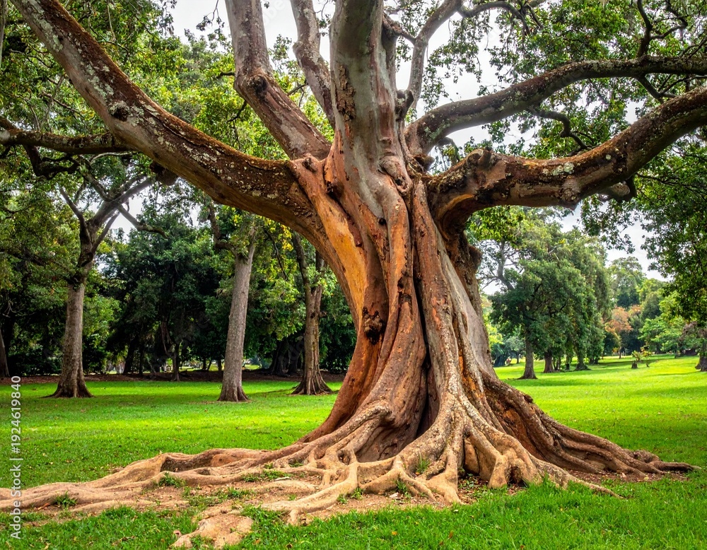 Obraz premium Magnificent Old Tree with Exposed Roots Standing Proudly in a Lush Green Meadow.