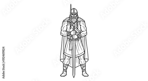 Viking Warrior with Sword and Beard, Ancient Norse Mythology Icon