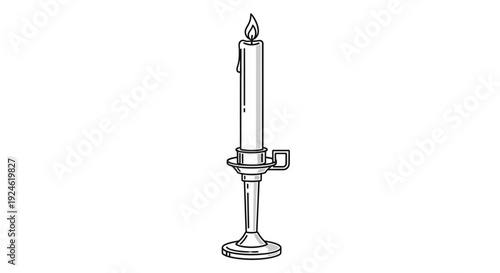 Vintage Candle Holder with Burning Candle, Black and White Line Art Illustration