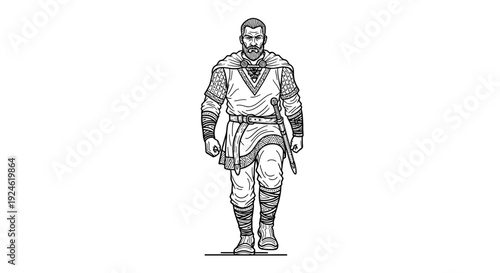 Viking Warrior Walking Forward, Medieval Soldier, Historical Illustration, Black and White Sketch