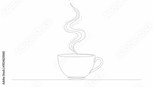 Steaming Hot Coffee Cup Line Art Drawing, Minimalist Morning Beverage Concept