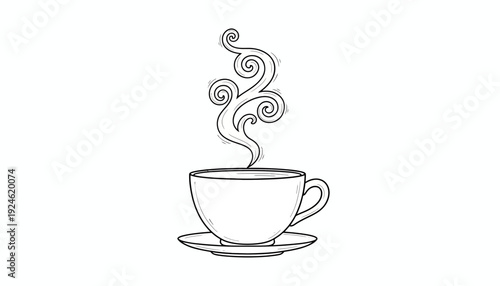 Steaming Hot Coffee Cup with Swirling Steam - Line Art Illustration