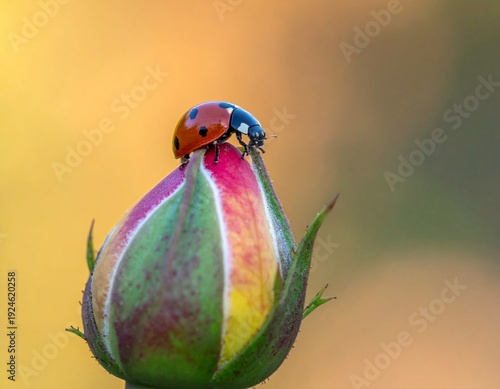 Ladybug perched atop a vibrant, multicolored rose bud, showcasing natures beauty.
